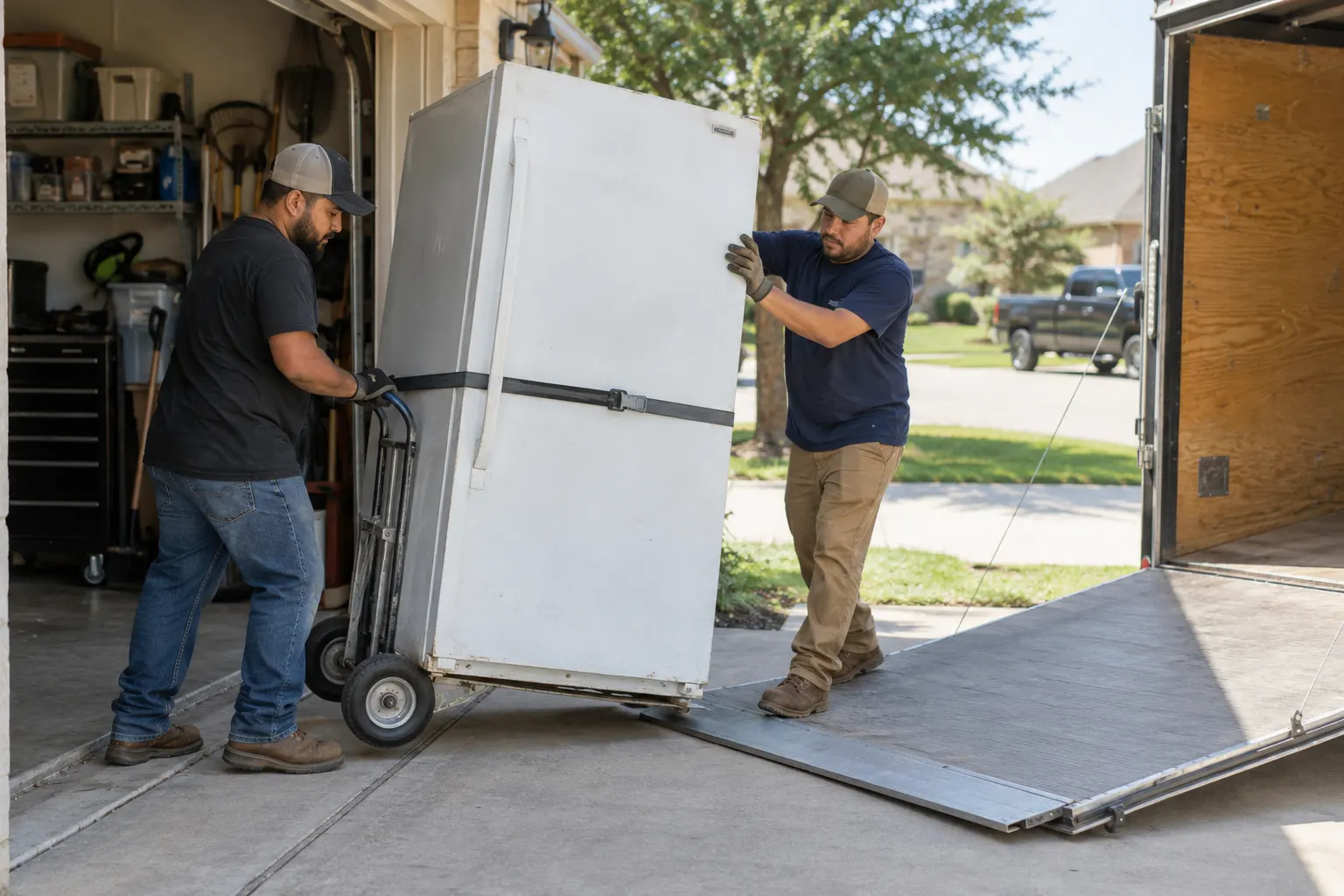 Workers moving an old freezer with an appliance dolly