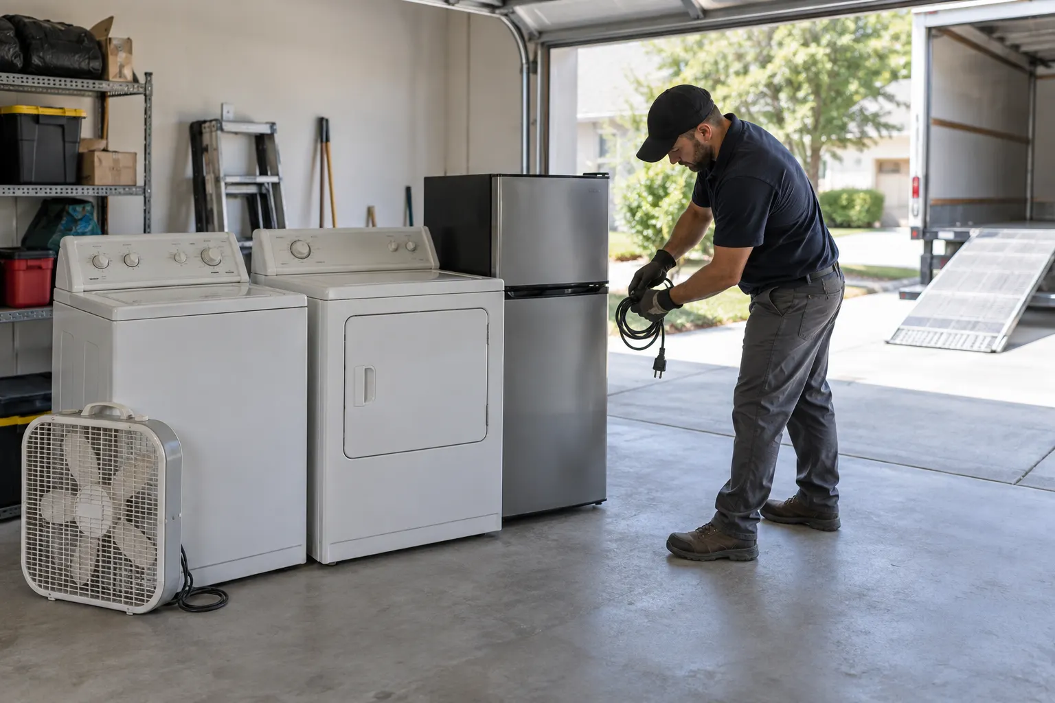Disconnected appliances staged in a garage for pickup