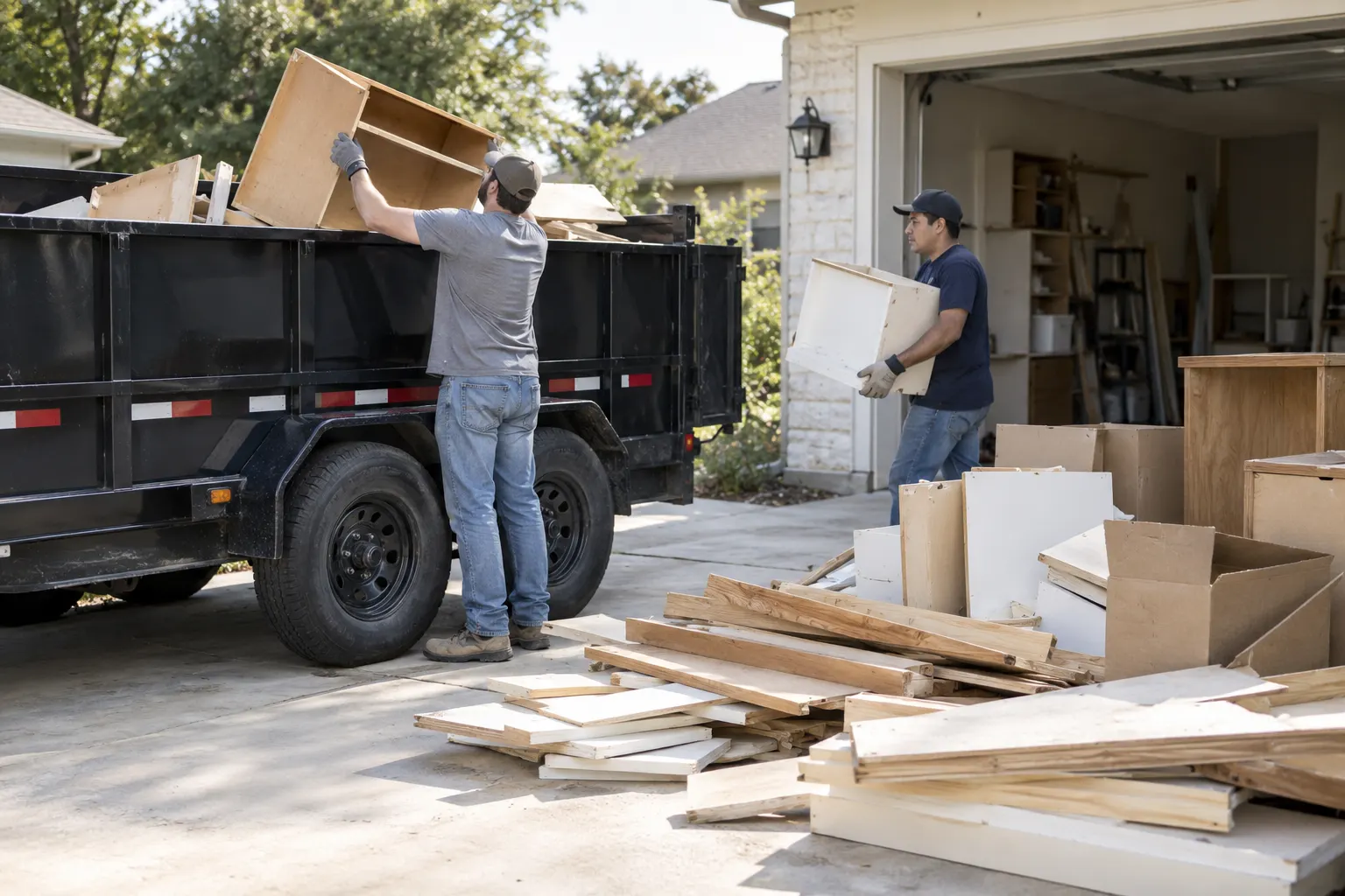 Workers loading broken shelving and clean wood debris