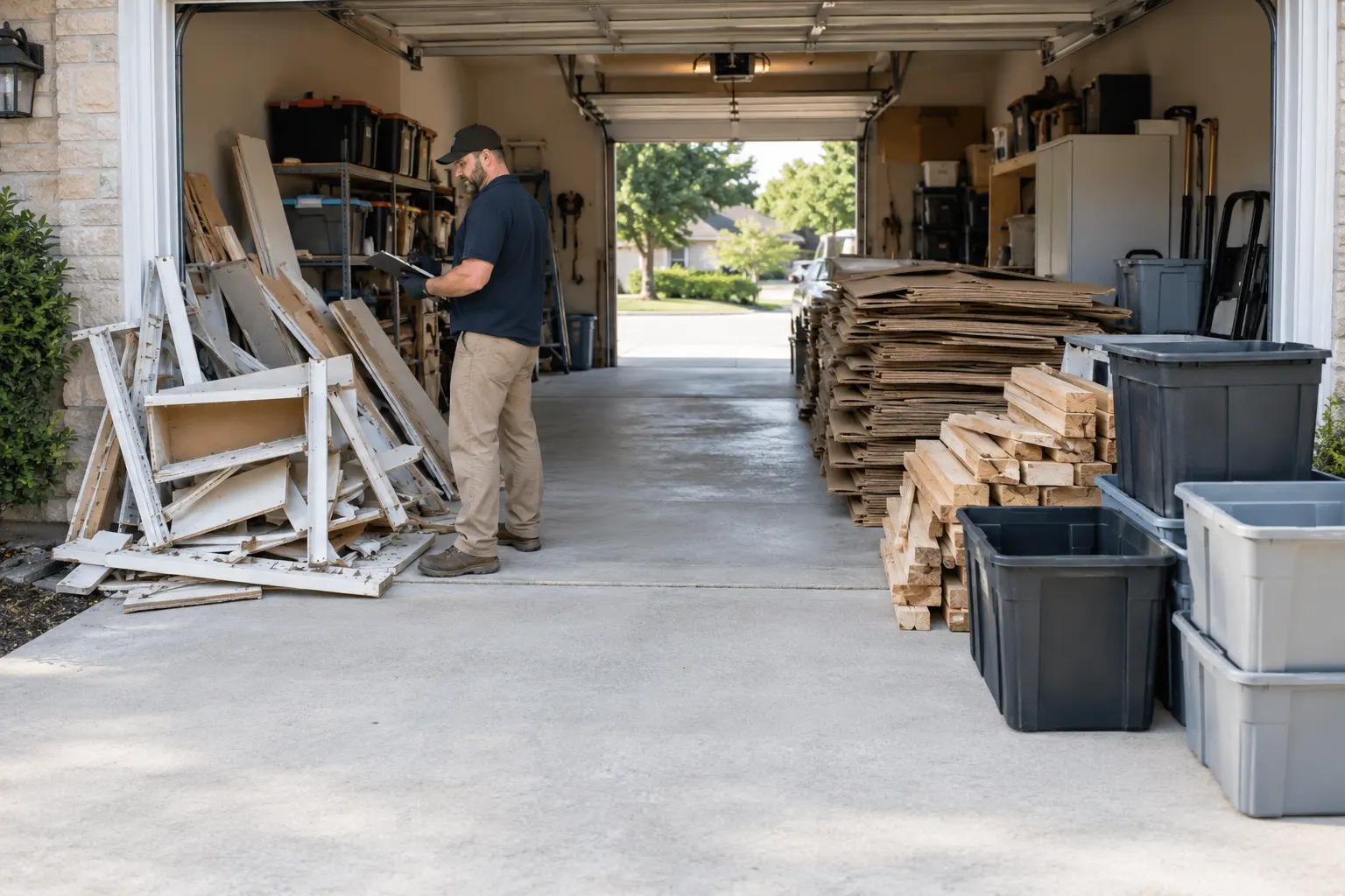 Sorted nonhazardous garage debris with an open carry path