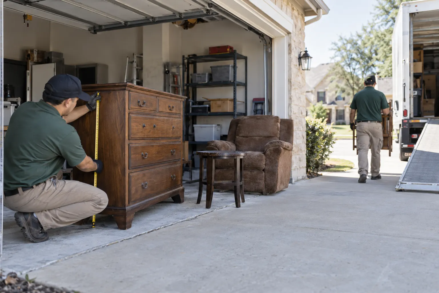 A worker measuring a dresser before furniture removal