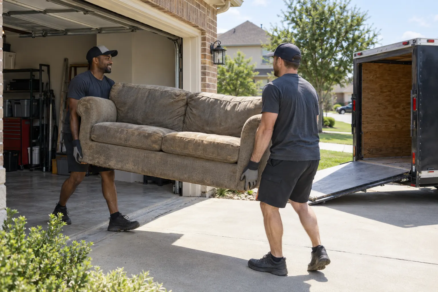 Two workers carrying a sofa from a garage toward a trailer