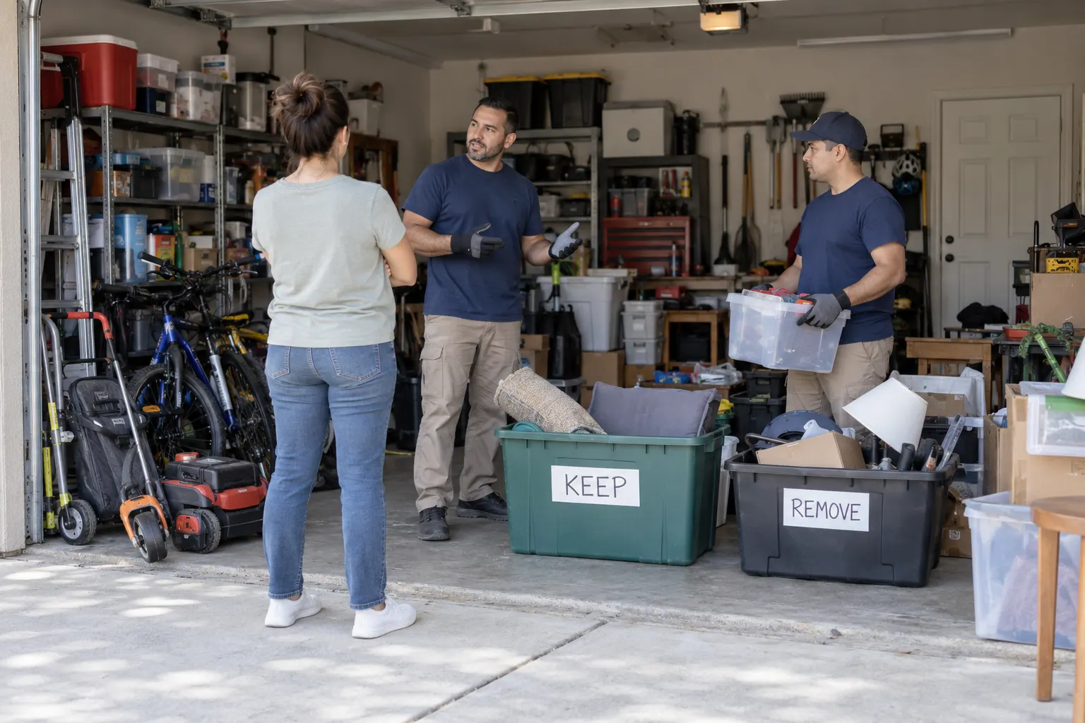 Crew sorting a garage with a homeowner