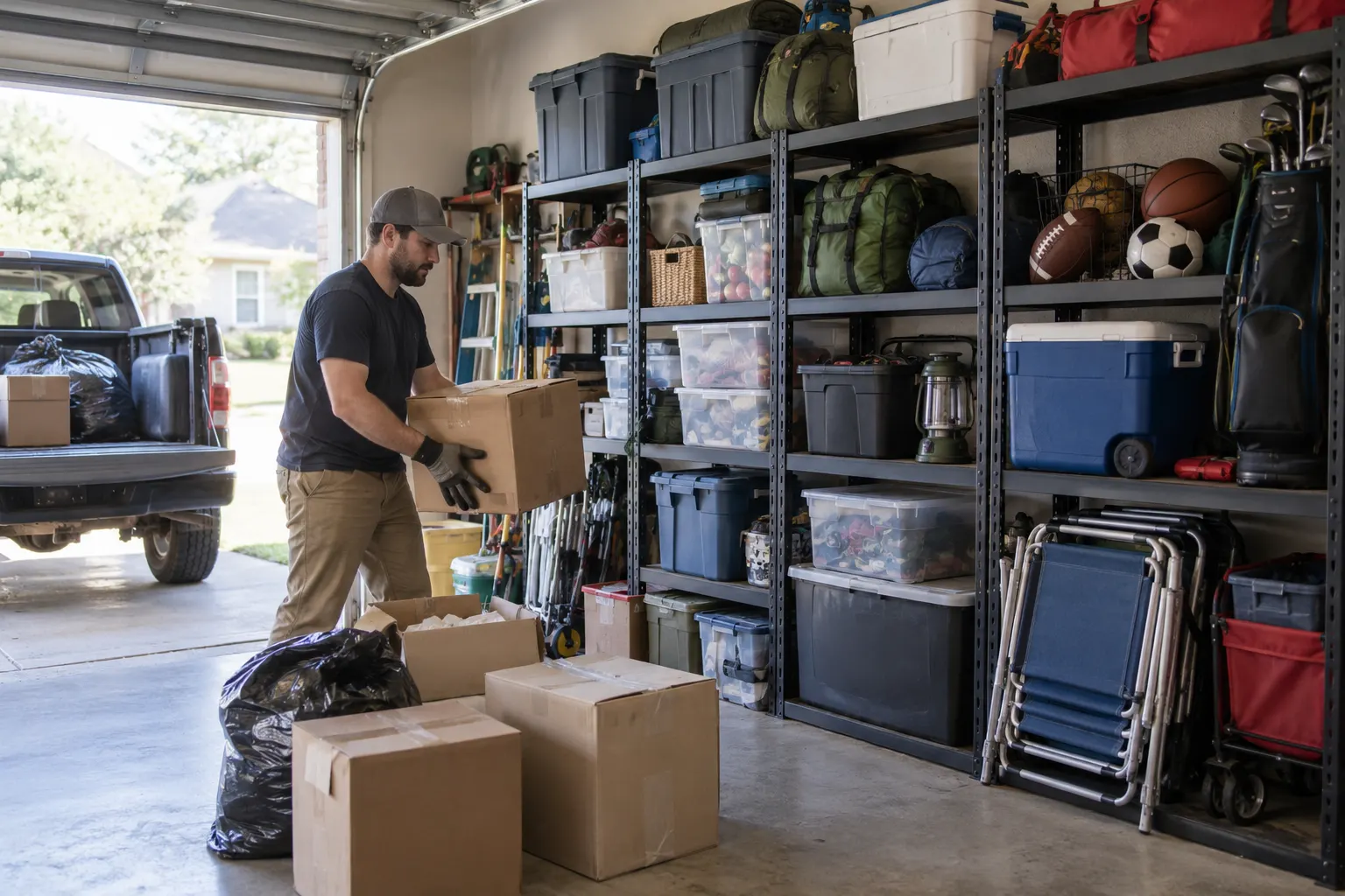 A worker sorting boxes beside garage storage shelves