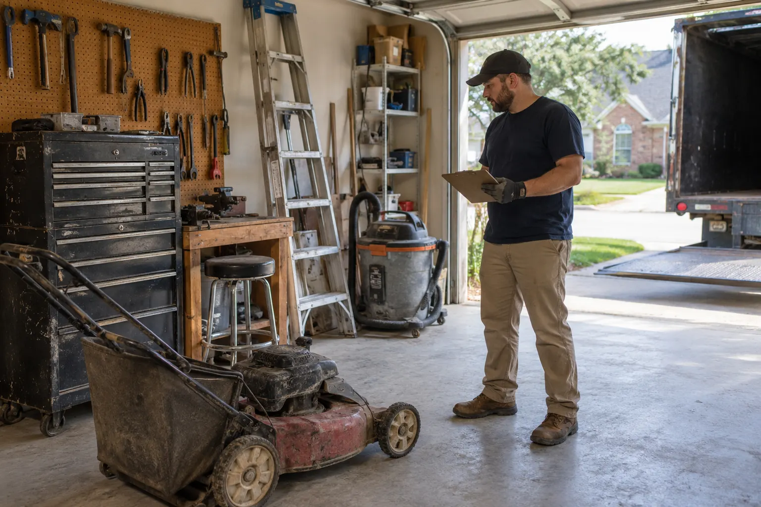 A worker evaluating old garage tools and lawn equipment